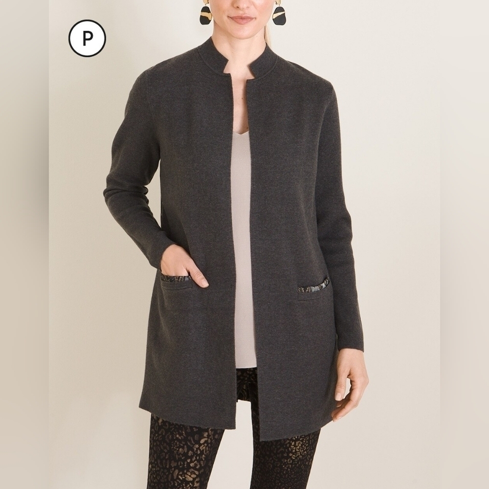 Chicos Animal Print Open Front Gray Knit Duster Cardigan in 1 (8)